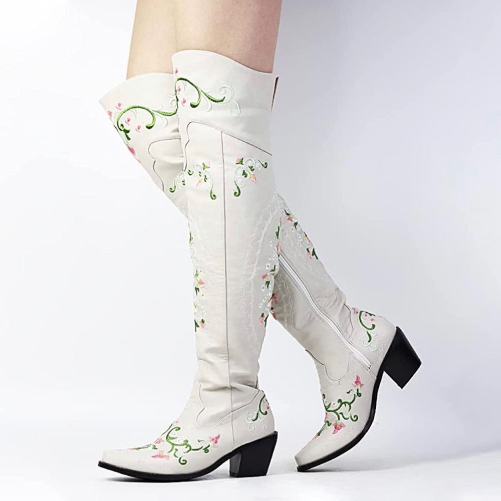 Spring Green and Pink Floral Embroidered Knee-High Cowboy Boots